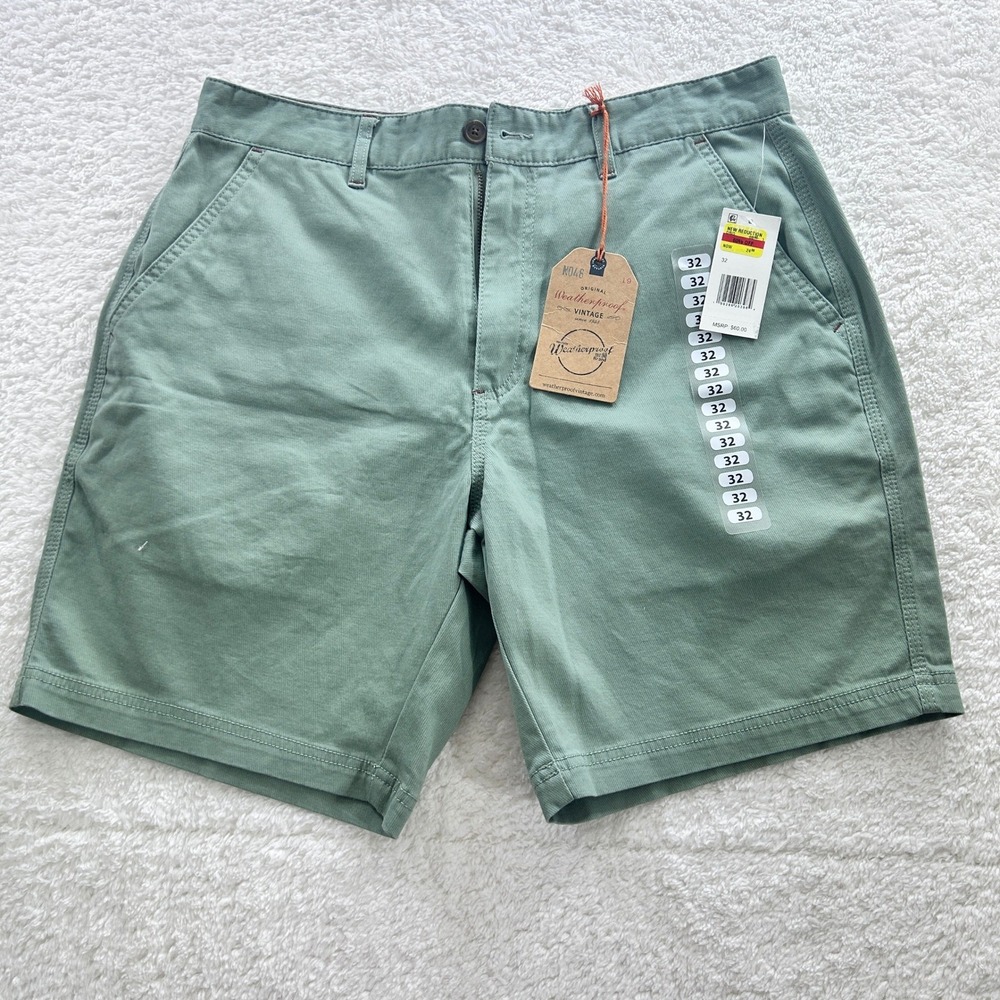 Weatherproof Vintage Mens Sage Green Chino Shorts 32W x 8L NWT Stretch Cotton